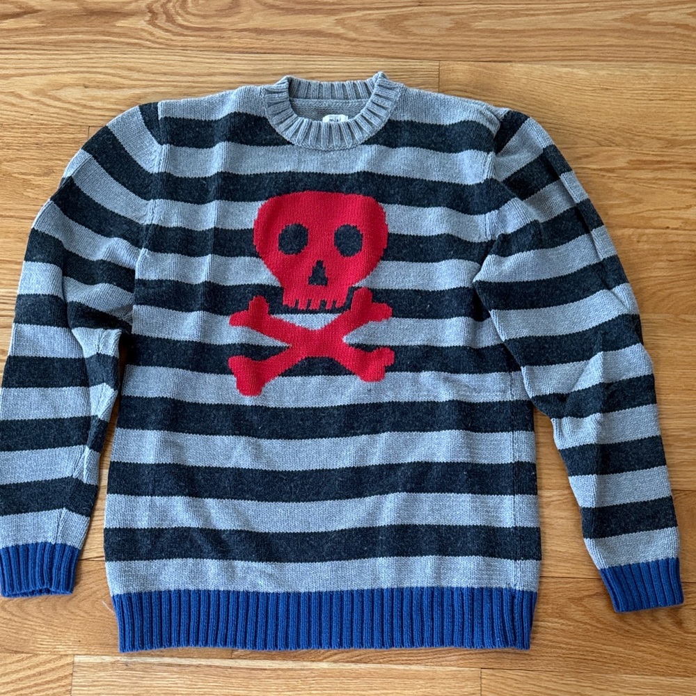 Mini Boden Red and Gray Striped Skull Sweater